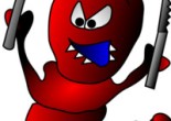 red angry worm with sharp teeth holding fork and knife